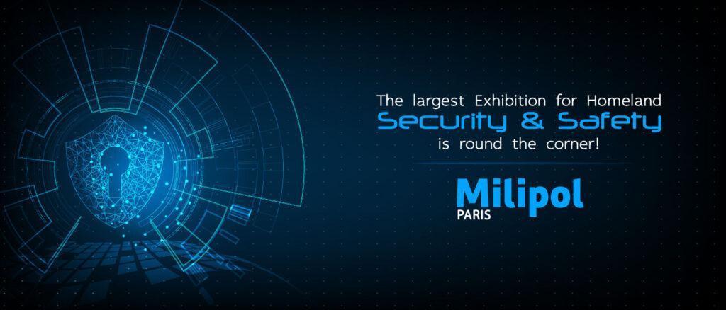 EO Security booth at Milipol 2023, showcasing advanced security solutions including Secure Rooms, Speech Protectors, and Signal Jammers.