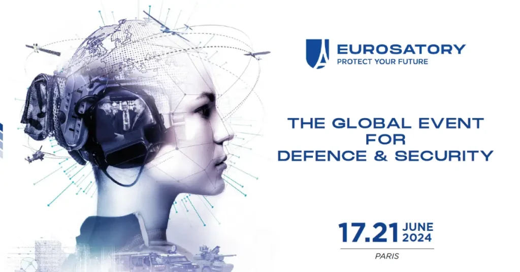 EO Security booth at Eurosatory 2024, showcasing innovative security solutions including Secure Rooms, Speech Protectors, and Signal Jammers.