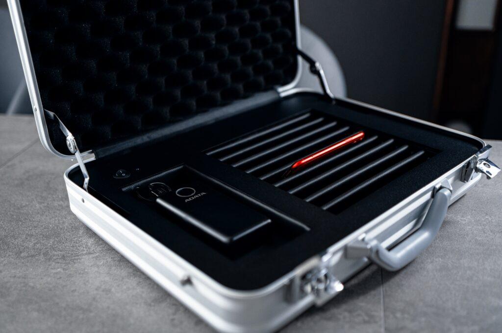 Interior of the Faraday Safebox, showing secure compartments for multiple devices.