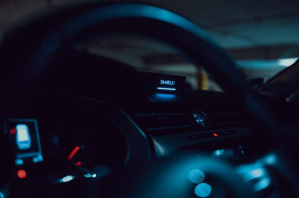 Close-up of SHIELD Portable Speech Protector showcasing its operational components. Shield used in the car.