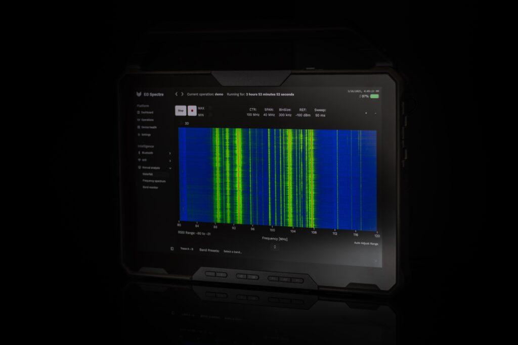 EO Spectre interface highlighting decoded Bluetooth and Wi-Fi packets with device details and MAC addresses.
