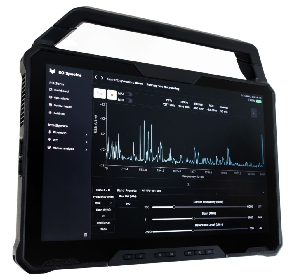 EO Spectre tactical SIGINT device in its 12-inch Windows 11 tablet form factor, showing its sleek design and portability.